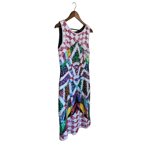 VTG Carina Dress Multicolor Sequin Geometric Sleeveless Mini Sz M Y2K Bodycon - Picture 14 of 16